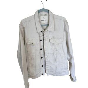 Mutual Weave Mens Denim Jacket Cream  Button Front & Pockets Large Jean Relaxed